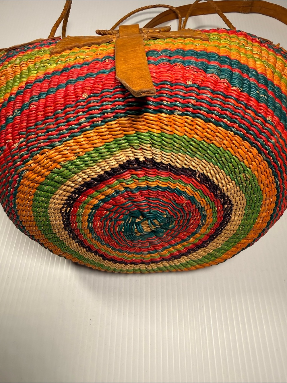 Vintage African Woven Sisal Basket Bag Leather Trim Crossbody Boho Market Tote